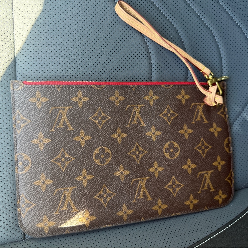 Louis Vuitton Brown and Tan Monogram Neverfull pouch red interior